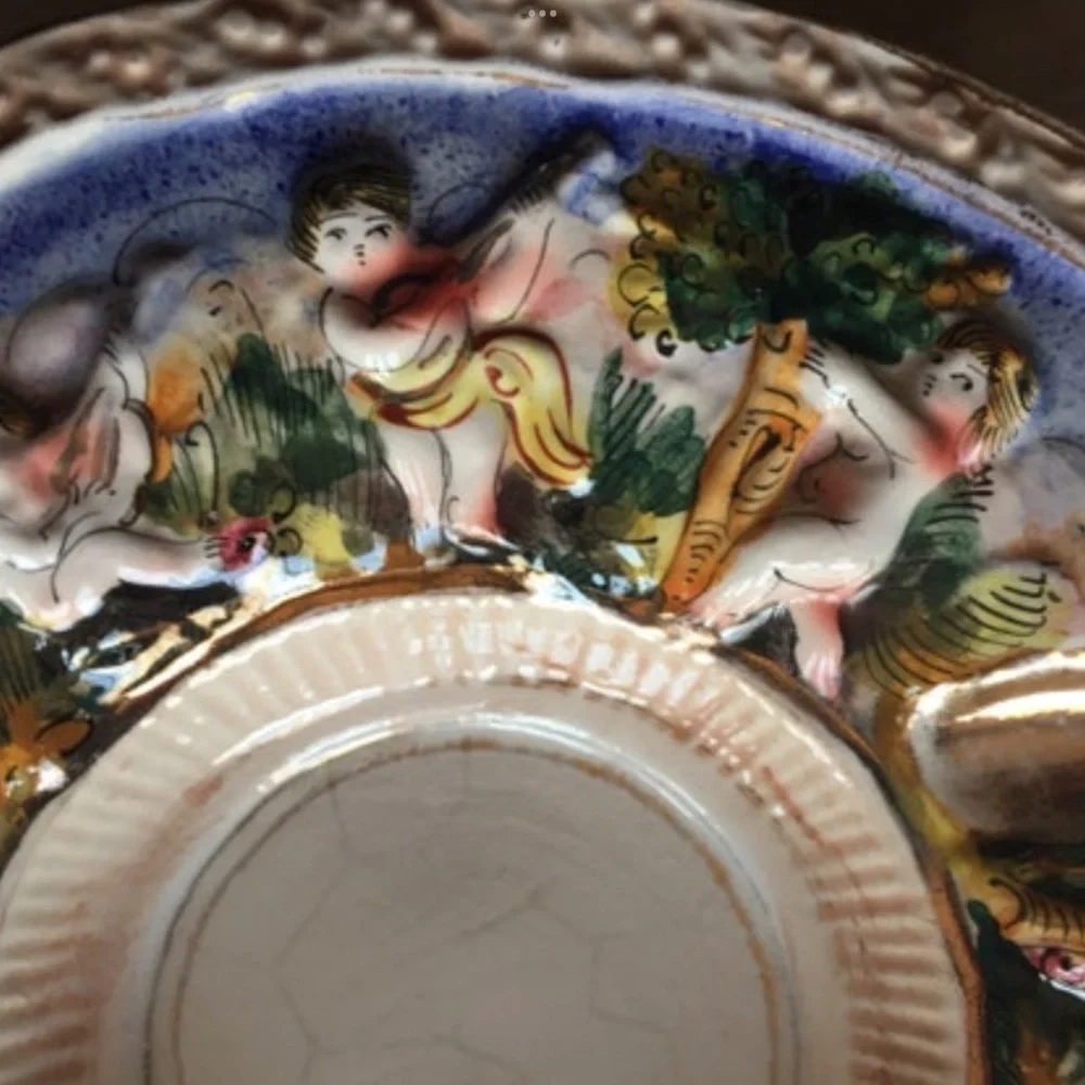 Vintage Capodimonte Italian Ashtray Cherubs Angels Hand Painted Porcelain 3D